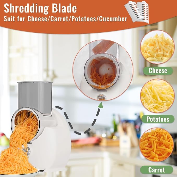 Electric Cheese Grater for Block Cheese,Electric Grater for Home Kitchen Use,3 Changeable Blades Salad Shooter Electric Slicer/Shredder for Vegetable Fruit Nuts White