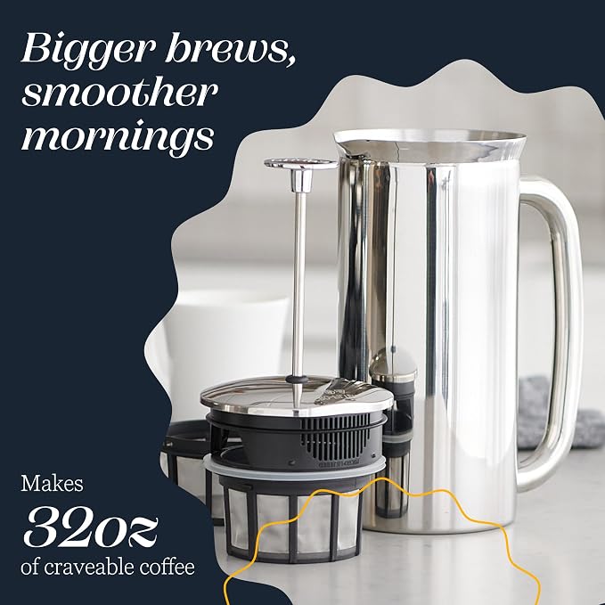 ESPRO P7 French Press, 32oz, Polished, Stainless Steel Coffee Maker | Double Filter Coffee Press, Grit-Free Coffee, Heat Resistant Insulated tea Press, Easy Hot and Cold Coffee Brewer, Tea Brewer