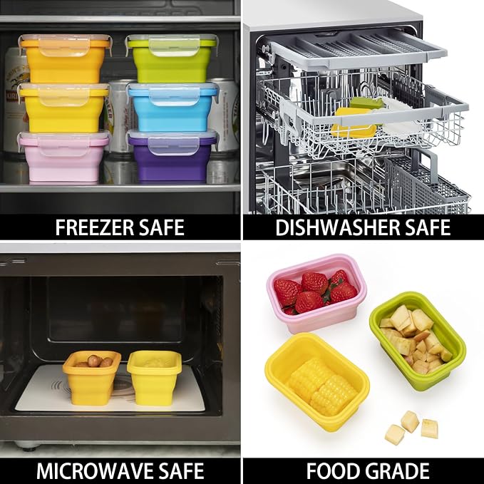 Collapsible Food Storage Containers with Lids, Small Silicone Snack Containers, Stackable Portion Control Containers, Mini Fridge Organizer, Microwave Freezer Dishwasher Safe, 6.5oz, 6 Pack