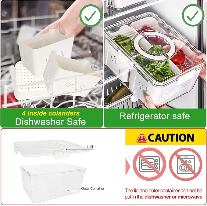 Fruit Storage Containers for Fridge with Lid and Handle, Veggie Tray Bins | Portable Fresh Produce Saver, Food Storage Container with 4 Removable Strainers,Salad Bar for Berry, Vegetable, Refrigerator
