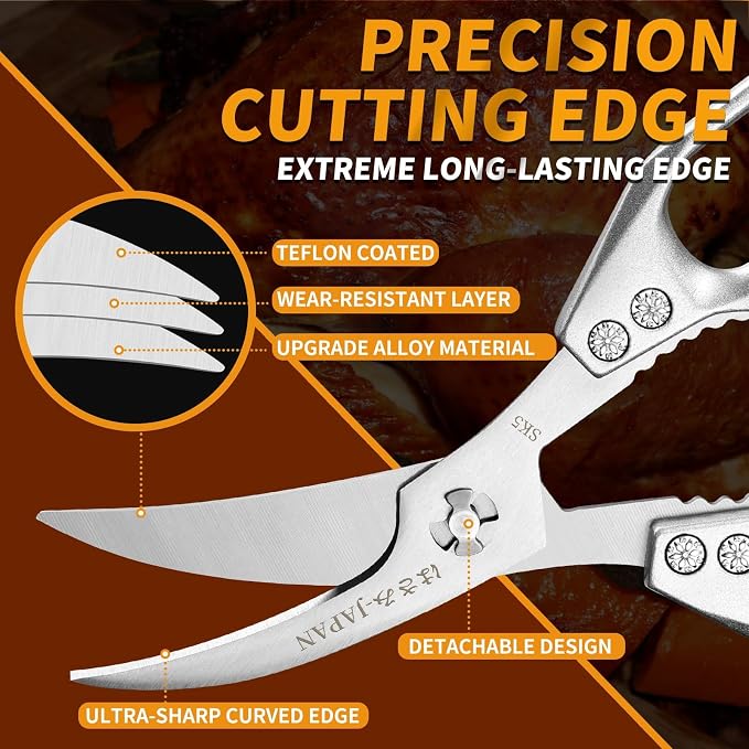 Huusk Kitchen Scissors for Food - Multifunction Kitchen Shears All Purpose | Stainless Steel Seafood Scissors for Meat, Fish, Chicken, Turkey, Ergonomic Non-Slip Silver Handle, Gifts for Women