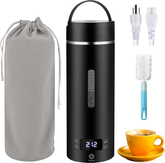 Travel Electric Tea Kettle Portable, 450ML, 316 Stainless Steel, 4 Temp | Small Hot Water Boiling Coffee Warmer Heater, Fast Boiler, Auto Shut-Off, Boil Dry Protection, LCD Display (Black)