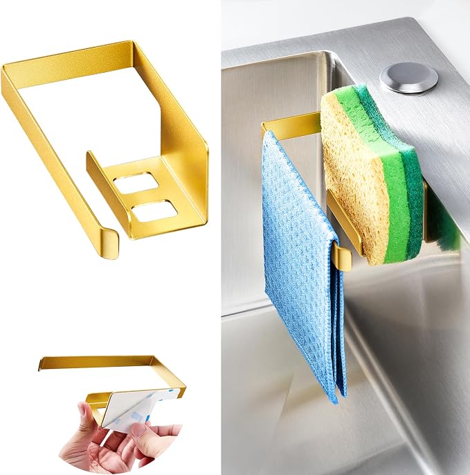 Sponge and Dish Cloth Holder for Kitchen Sink, 2 in 1 Adhesive Sink Dish Sponge Holder, Sinks Caddy Organizer Rack for Storage Sponges Scrubber Glove and Brush, Gold