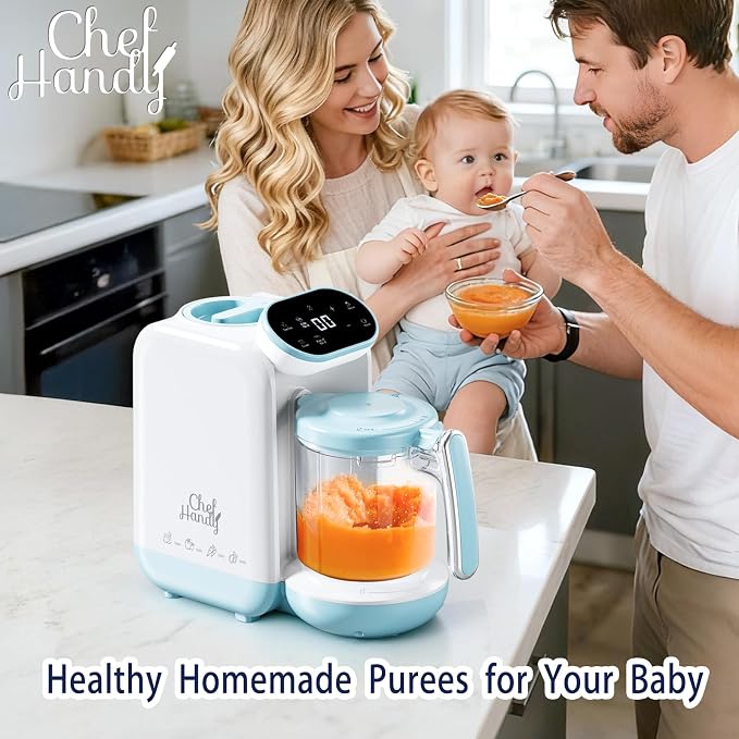 Baby Food Maker with Stainless Steel Steam Basket, One-Step Steam & Blend | All-in-one food processor with BPA-free food-contact parts, adjustable textures, 6 food pouches, plus a recipe guide.