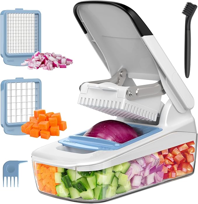 MR.SIGA Vegetable Chopper with Container, Vegetable Cutter for Onion Fruit | 50% less effort for every chop, 2 in 1 manual food veggie chopper with 2 stainless steel chopping blades