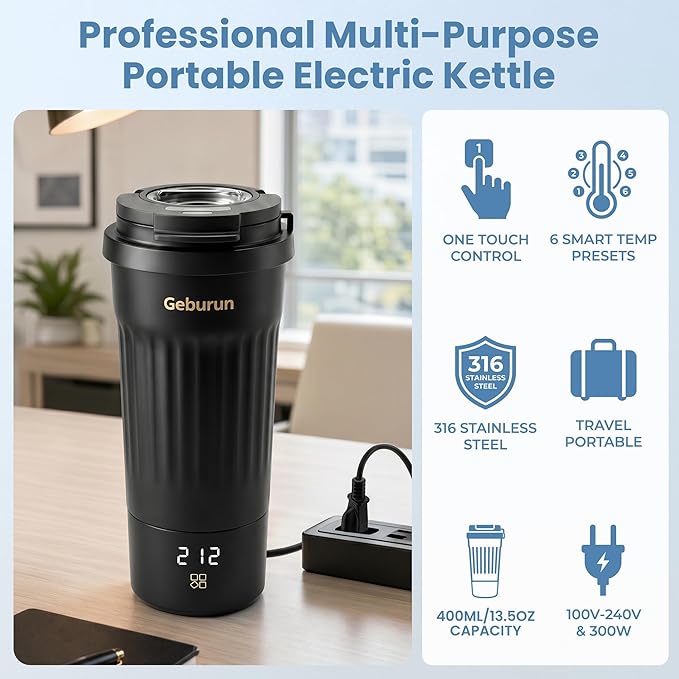 Travel Electric Kettle Portable Water Boiler, 400ml Small Tea Maker with 6 Temp Settings LCD Display, 316 Stainless Steel Vacuum Insulated Tumbler, 100V-240V, Travel Gifts for Men Women(Black)