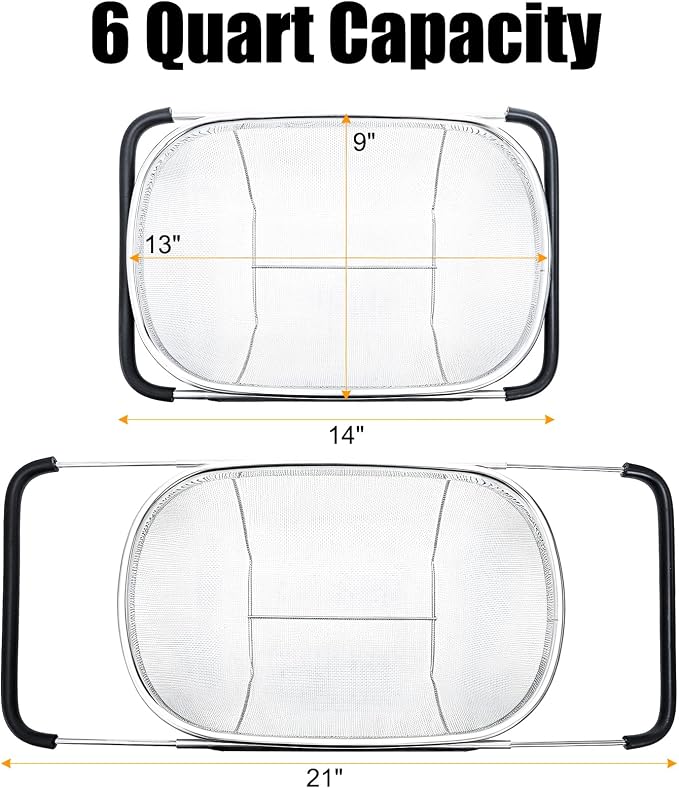 2 Pack Over the Sink Oval Colander for Kitchen, Stainless Steel Fine Mesh 6 Quart Strainer Basket with Expandable Rubber Grip Handles for Straining, Draining, Rinsing Fruits, Vegetables