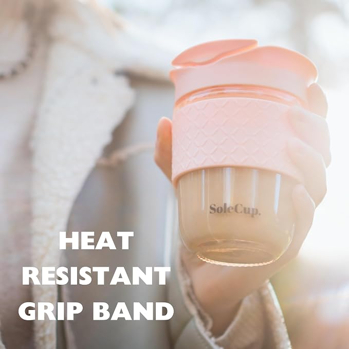 Travel Mug Loose Tea Infuser - Detachable Tea Strainer with Spillproof Lid - BPA-Free Reusable Glass Travel Coffee Cup with Silicone Band (Pink, 12oz)