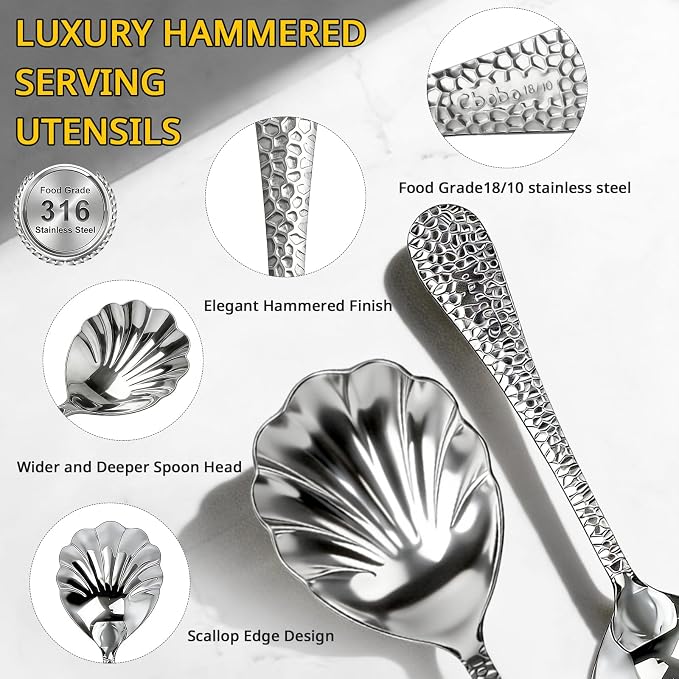 Serving Spoons 4Pack, Hammered Serving Spoons for Buffet 18/10 Stainless Steel Large Serving Spoons Set, Scalloped Design Serving Utensils for Party Catering Dinner Banquet Cooking(Silver)
