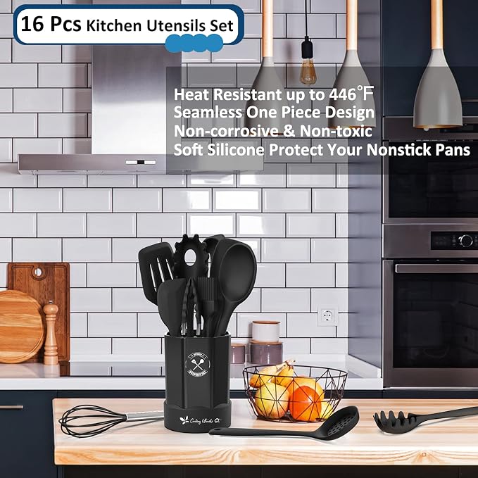 Silicone Kitchen Utensils Set, 16-Piece Silicone Cooking Utensils by Deedro | Heat Resistant Kitchen Tools Set with Holder, Nonstick Spatula Kitchen Gadgets for Cooking & Baking, Black