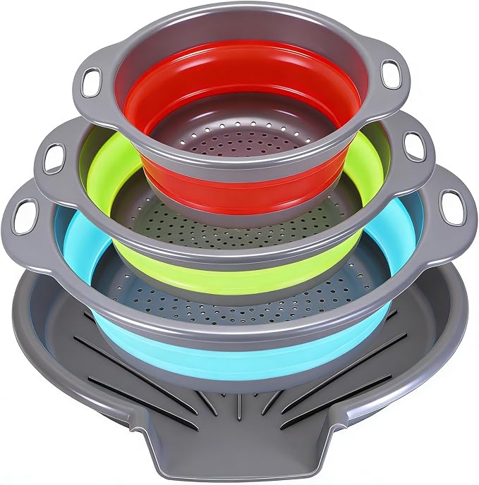Collapsible Colander Set with Oversized Draining Tray | 3-Pack Foldable Kitchen Strainers + Base | Space Saving for Pasta, Veggies, Fruit & Rice | 5 Colors (Gray-Blue-Red-Green)