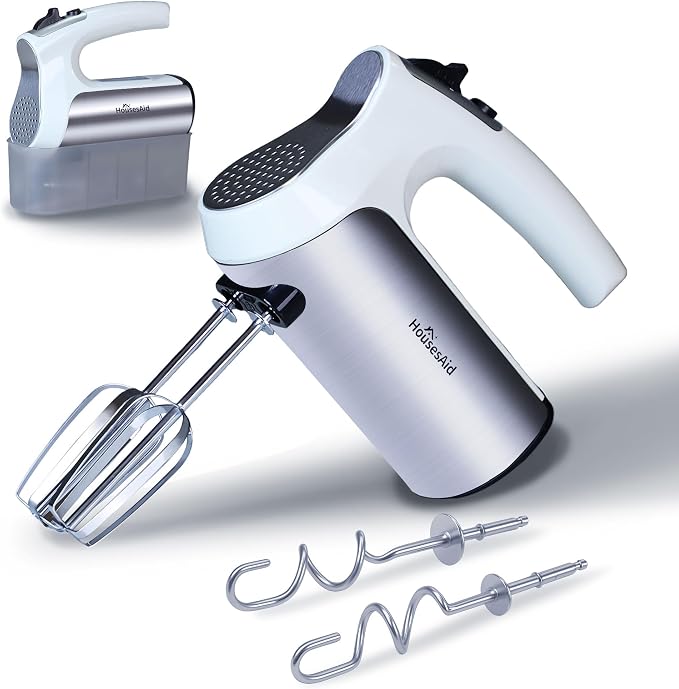 200W Hand Mixer, Lightweight Electric Mixer with Turbo Function, 5-Speed Handheld Mixer for Whipping, Folding, and Dough Kneading, Compact Storage with Attachments (white)