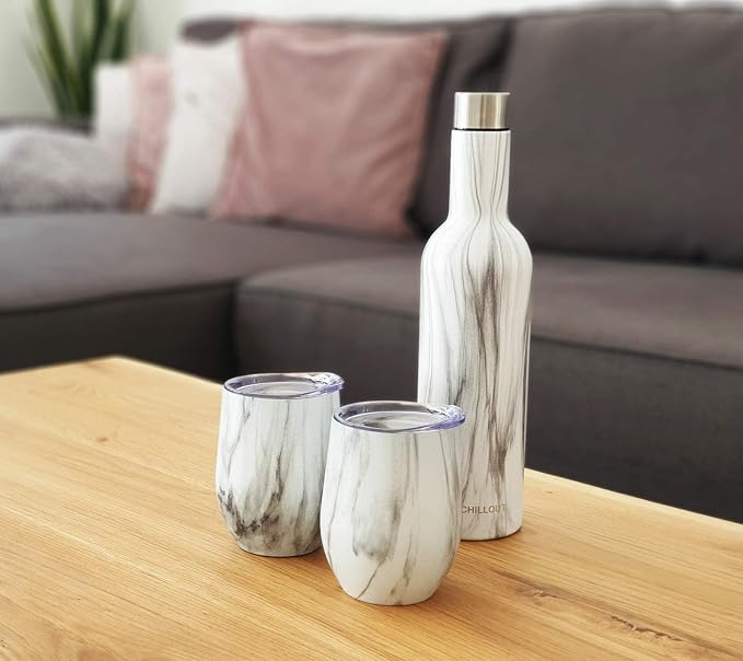 CHILLOUT LIFE 12 oz Stainless Steel Wine Tumblers 2 Pack & 1 Insulated Wine Bottle - Double Wall Vacuum Insulated Wine Glasses Cups with Lids and Straws Set Keeping Cold & Hot Gift Set