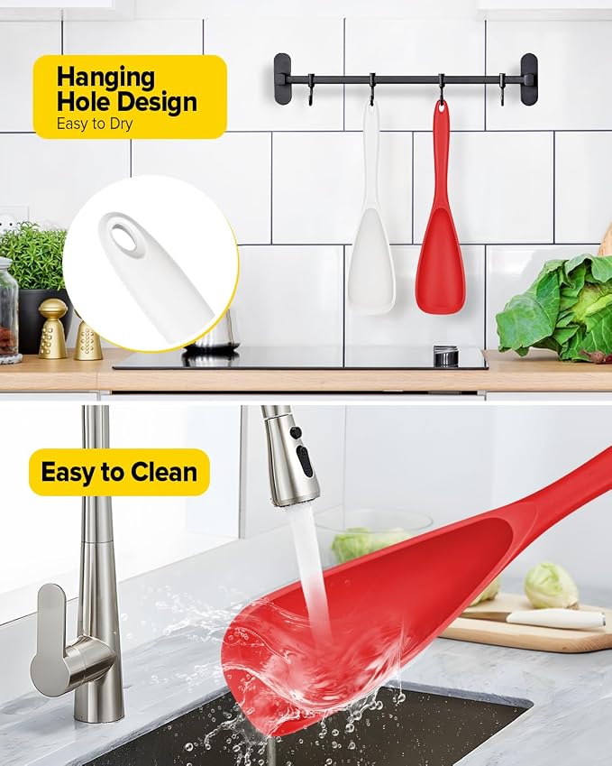 Pack of 2 Cooking Spoons for Non Stick Cookware, Multifunction Spatula Spoon BPA-Free, One-Piece Design, Suitable for Scooping, Scraping, Serving and Mixing (RED-WHITE)