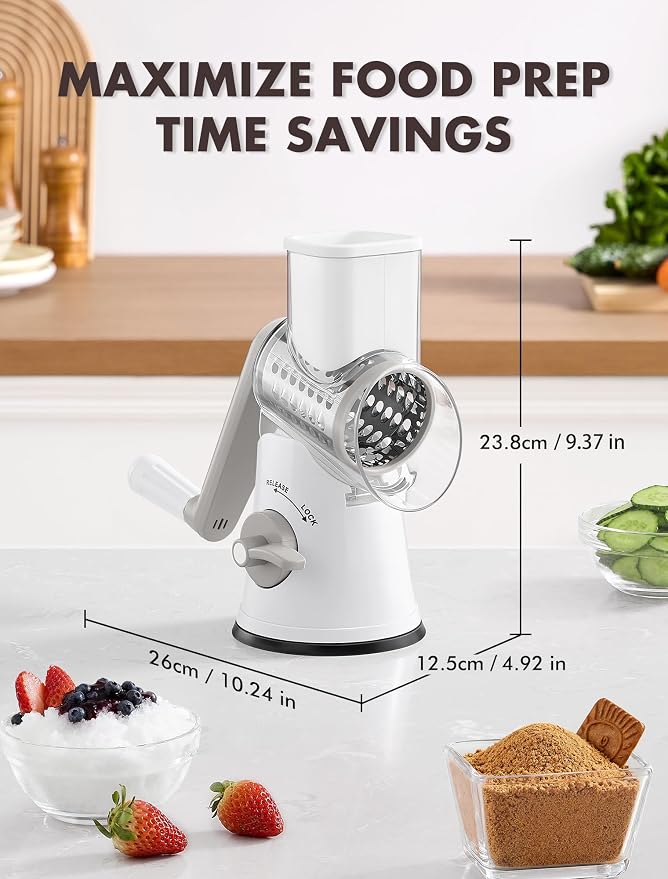 GDL Upgraded 5 in 1 Rotary Cheese Grater, Cheese Shredder Vegetable Slicer | 5 Stainless Steel Blades, Non-slip suction base, No BPA, Dishwasher Safe, Wavy Slicing, 12x Faster for Veggie, nut, ice