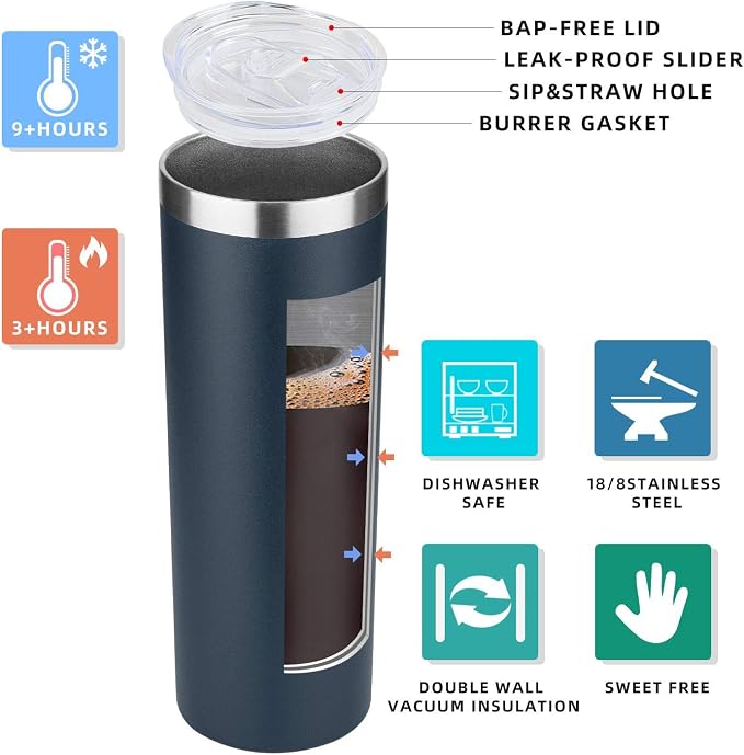 HASLE OUTFITTERS 20 oz Skinny Tumblers Bulk Set, Stainless Steel Insulated Slim Tumblers with Lids, Reusable Double Wall Travel Coffee Mugs, Durable Powder Coated Travel Water Cups(Navy, 8)
