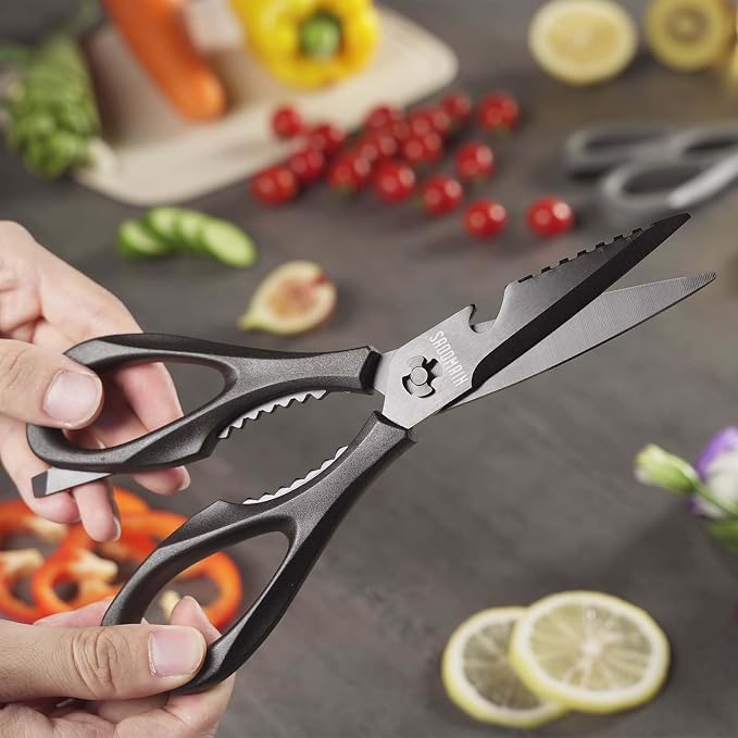 Kitchen Scissors All Purpose, Extra Sharp Kitchen Shears with Knife Sharpener & Sheath, Solid & Durable Stainless Steel Scissors with ANTI-RUST Black Titanium Plated, Dishwasher Safe – Grey
