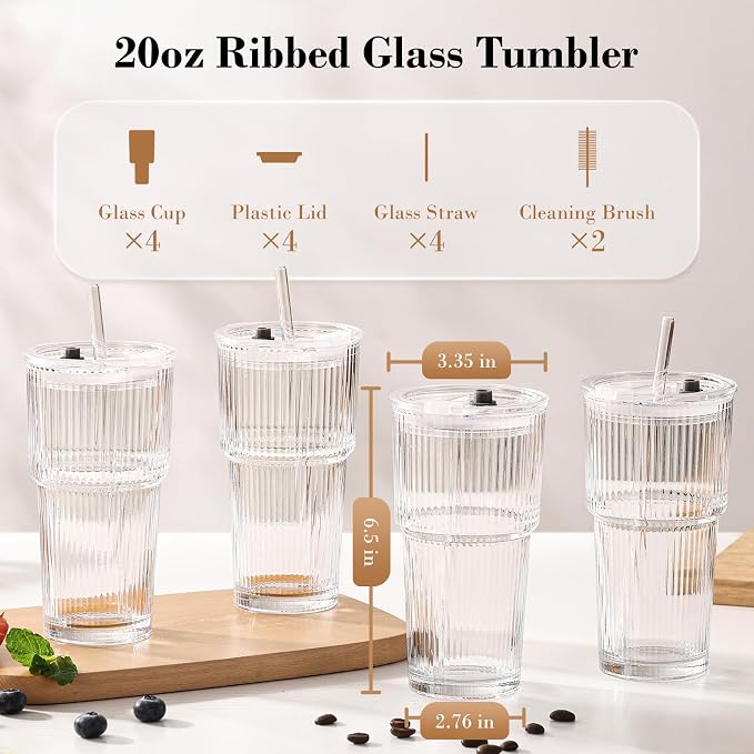 20oz Iced Coffee Cups with Lids, Ribbed Glass Cups with Lids and Straws | Thick Reusable Glass, Leak-Resistant Lids, Fits Most Car Cup Holders, For Iced Coffee, Tea, Smoothies and Cold Drinks