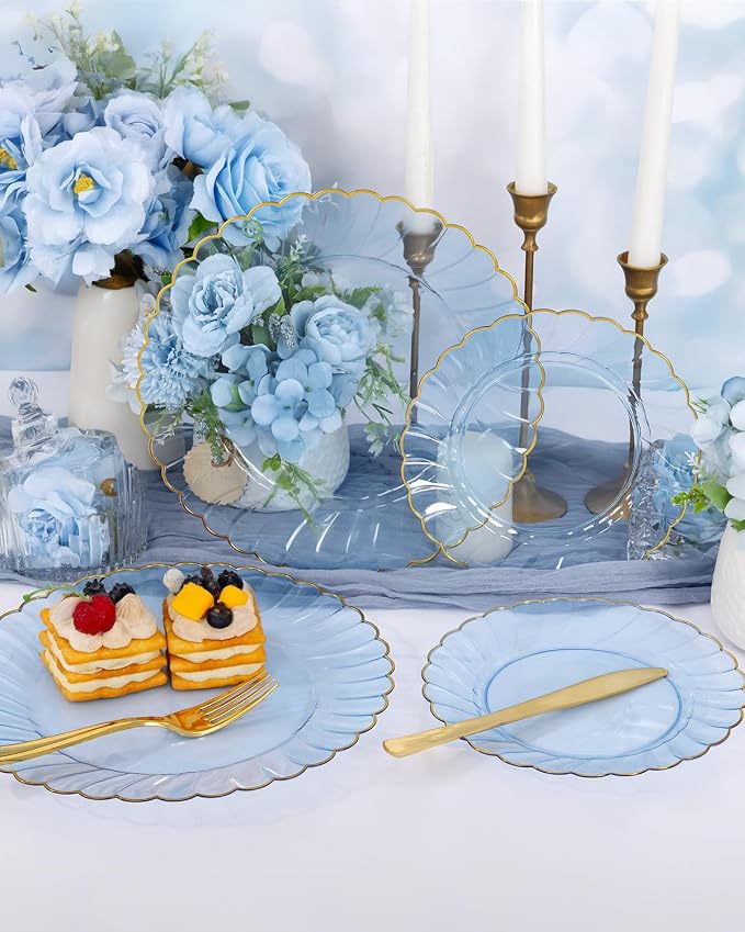 YOUBET 175PCS Clear Blue Scalloped Plastic Plates for Party Wedding | Blue and Gold Disposable Dinnerware Set Include 50 Plates, 75 Gold Silverware, 25 Cups, 25 Napkins for Baby Shower