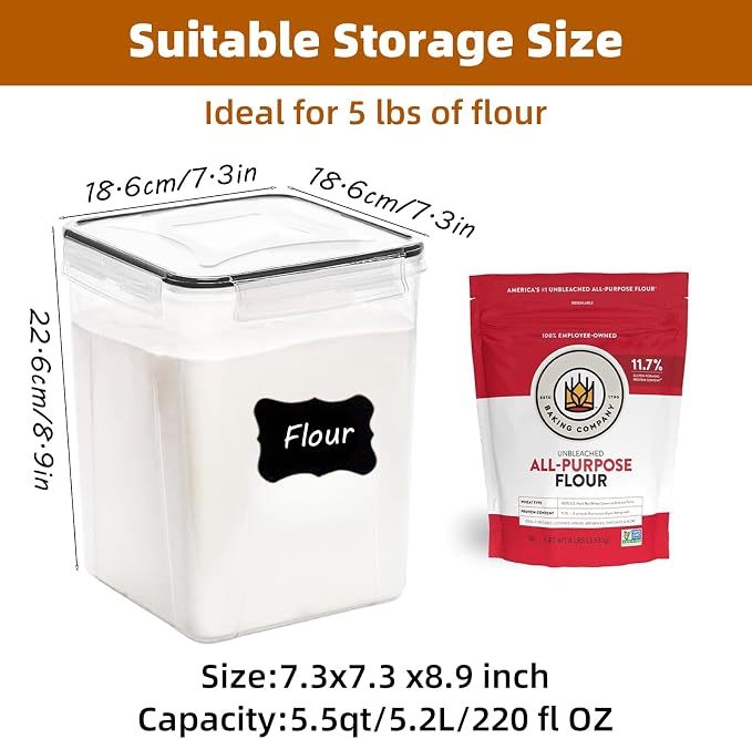 4pc 5.2L Large Airtight Plastic Canisters with Lids, Cups & Labels | 4pk 5.2L airtight containers block moisture. Stackable bins fit rice, flour and all baking pantry supplies