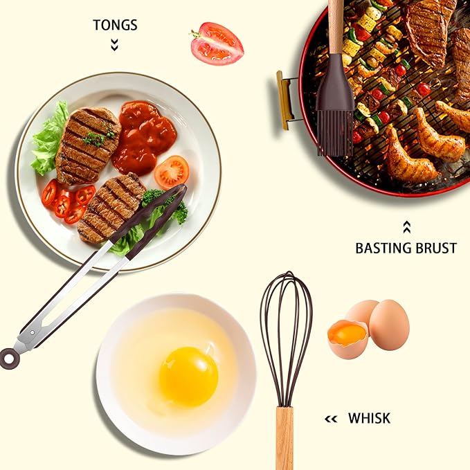 MIBOTE Silicone Cooking Kitchen Utensils Set, Wooden Handle, Coffee | BPA-Free, Non-Toxic Silicone Turner, Tongs, Spatula, Spoon Set – Great for Nonstick Cookware, Heat-Resistant, Easy Clean