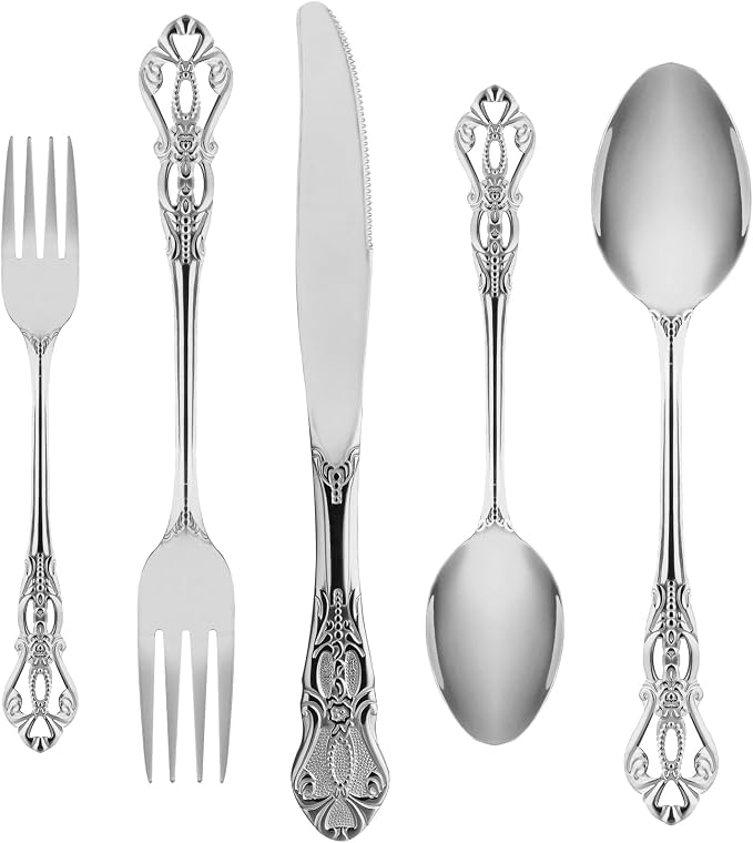Silverware Set for 12, Stainless Steel Gorgeous Retro Royal Flatware Set, 60-Pieces Cutlery Tableware set, Kitchen utensils set Include Spoons And Forks Set, Mirror Finish, Dishwasher Safe