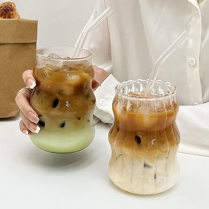 2 Pcs Ribbed Glass Cups 18 Oz Vintage Drinking Glassware Ripple Cocktail Glasses for Iced Coffee Juice Beverage Milk