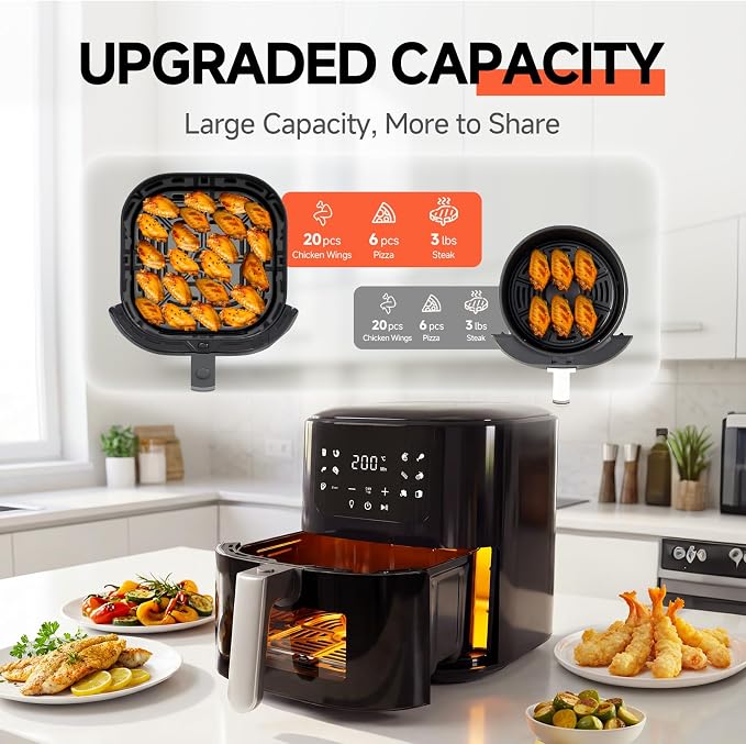 Qido Air Fryer, 5.28 QT Square Airfryer with Visual Window, 400°F Fast Heating Air Fryers Oven with One-Touch Presets, Auto-Off, Dishwasher-Safe Nonstick Basket, Multiple 8 in 1 Function, Light Black