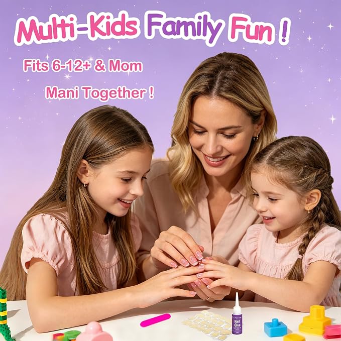 72Pcs Press on Nails for Kids, 3D Nail Rhinestones Flowers for Girls 8-12 | Square Kids Press on Nails, 12 Size, Non-Toxic, Fashion Nail Kit with Adhesive Tabs, Nail File, for Christmas Birthday Party
