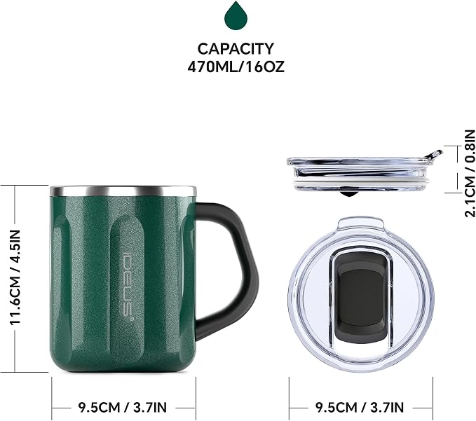Ideus 16 oz Insulated Coffee Mug with Handle and Lid, Double Wall Stainless Steel Vacuum Thermal Coffee Mug, Travel Coffee Cup Thermal Cup for Home and Office, Deep Green-FUJI FLOW