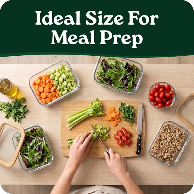 6-Pack Glass Food Storage Containers with Glass Lids & Bamboo Rim – Plastic Free 27 Oz Glass Meal Prep Containers for Lunch, Eco Friendly Airtight Food Storage, Microwave & Oven Safe