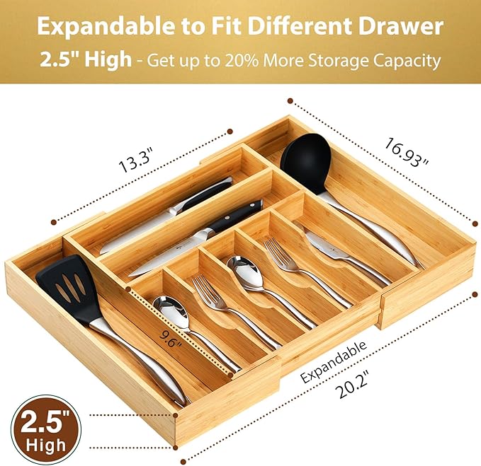 Large Expandable Kitchen Silverware Utensils Drawer Organizer, 2.5" Extra High Adjustable Drawer Divider with Curved Grooves, Bamboo Wood Cutlery Tray Flatware Holder