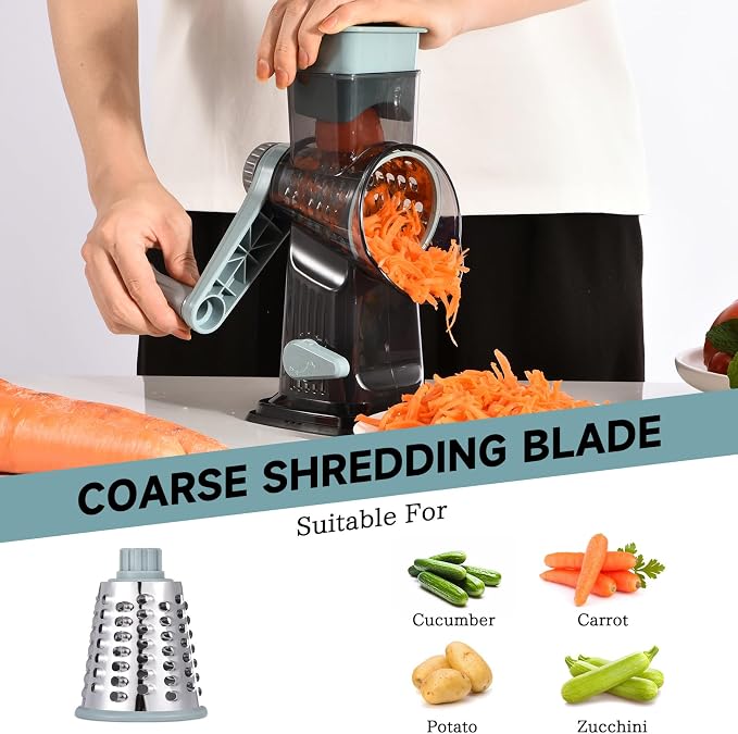Rotary Cheese Grater with Handle Kitchen Shredder Slicer Grater Slicer Ice Shaver Cheese Vegetable Nuts Potato Zucchini Chocolate 3 Interchangeable Blades (GreyBlue)