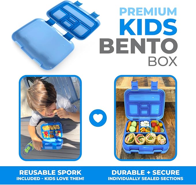 kinsho Bento Lunch Box Container Secure Lid for Small Kids, Toddlers, Blue | 5 Portion Sections, BPA-Free Spill-Proof Leakproof Removable Plastic Tray, Snacks and Lunches for Pre-School & Daycare