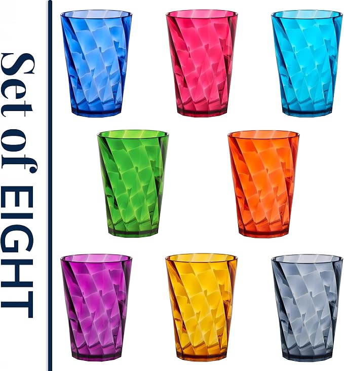 US Acrylic Optix Mini Plastic Reusable Drinking Glasses (Set of 8) 8oz Juice Cups in Jewel Tone Colors | BPA-Free Tumblers, Made in USA | Top-Rack Dishwasher Safe