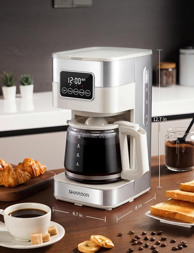 SHARDOR 10-Cup Programmable Coffee Maker, Regular & Strong Brew Drip Coffee Machine for Home and Office, Auto Shut Off, Permanent Filter (Beige)