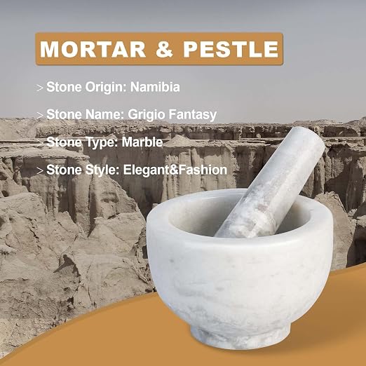 Marble Mortar and Pestle Set, 5"-1.5 Cups Grinder Bowl for Guacamole, Salsa, Pill Crusher, Spice, Herb, Garlic, Nut, Heavy Duty Grinder for Kitchen(Grigio Fantasy)