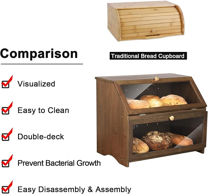 HOMEKOKO Double Layer Bread Box, Wooden Bread Storage Bin, Brown | Keeps Bread Fresh 3-4 Days, Large Capacity Fits 2+ Loaves, Suitable For Home Kitchen Food Storage Use, See-Through Window
