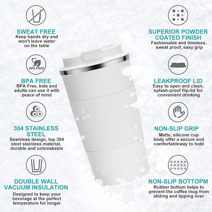YINJOYI 17oz Travel Coffee Cups Insulated Mug Thermal Tumbler to Go with Lid Leak Proof Reusable Stainless Steel Coffee Mug Spill Proof for Hot and Iced Cold Drinks (White, 510ml)