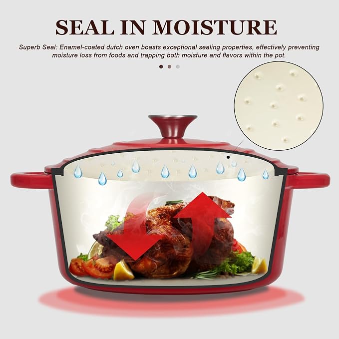 Overmont Enameled Cast Iron Dutch Oven - 4.5QT Pot with Lid Cookbook & Cotton Potholders - Heavy-Duty Cookware for Braising, Stews, Roasting, Sourdough Baking red