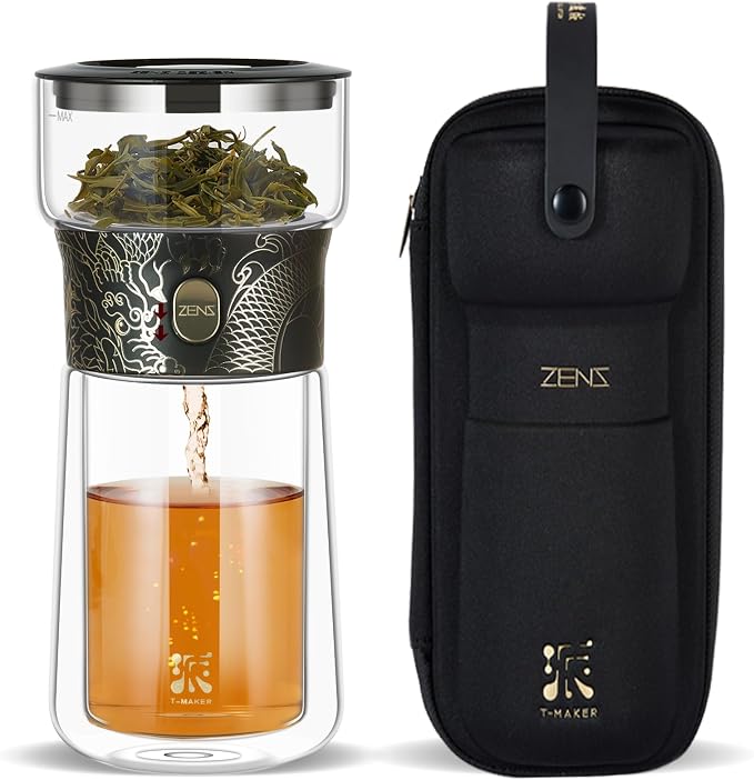 ZENS Glass Infuser Teapot, Cool One Touch Tea Maker For Loose Tea, Dragon | Modern Tea Diffusers, Magic Tea Pot with 9oz Insulated Mug and Portable Bag for Herbal Tea Lovers Gifts