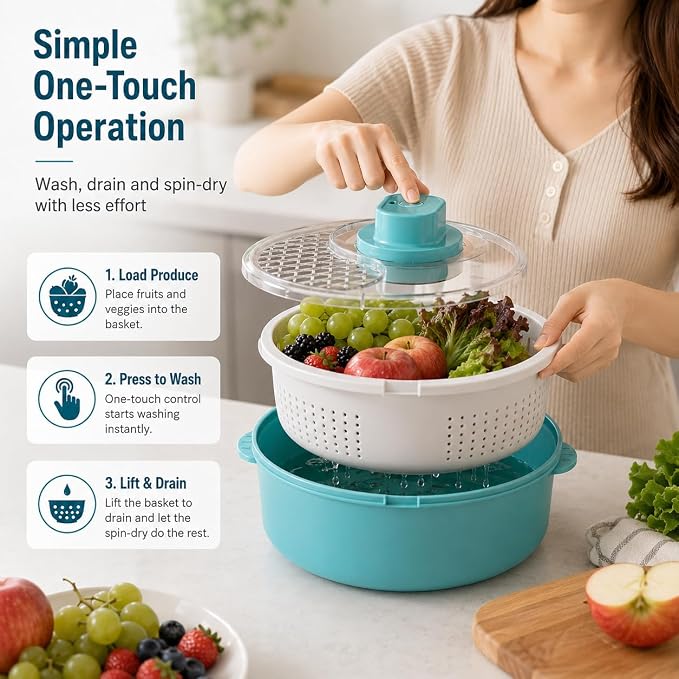 Electric Fruit and Vegetable Washer, Salad Spinner with Strainer Bowl (Blue) | One-Touch Electric Produce Washer | Wash, Strain & Spin-Dry Fruit, Vegetables and Salad in a Multi-Part Bowl System