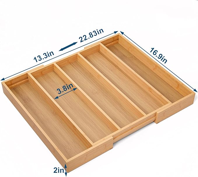 Fibogollo Expandable Bamboo Silverware Organizer, Kitchen Drawer Organizer | Flatware and Utensils Organizer Tray, Cutlery Organizer for Kitchen Drawer，Utensil Holder（13.3-22.8 x 16.9 x 2 inch）