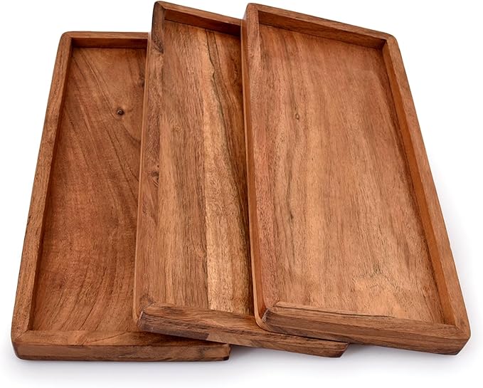 Acacia Wood Rectangular Wooden Platters for Home Decor, Food, Vegetables, Fruit, Charcuterie, Appetizer Serving Tray (13" x 5.5" x 0.75") (Set of 3)