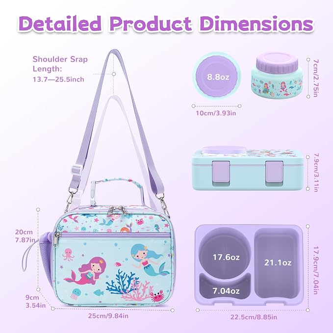 Bento Box for Kids, Leakproof Kids Lunch Box with 8.5OZ Thermo Food Jar & Lunch Bag, 3-4 Compartments Toddler Insulated Lunch Box for Girls, BPA Free Lunch Containers for School Daycare
