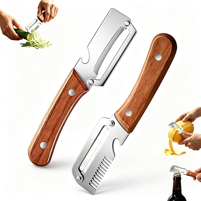 Multifunctional Vegetable Peeler 3-in-1, Julienne Peeler, Fruit Peeler Knife with Ergonomic Wood Handle, Stainless Steel Blade for Efficient Peeling, Grating & Slicing（2PCS)