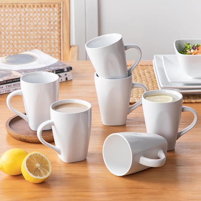 vancasso Soho Dinnerware Sets 24 Pieces, White Stoneware Square Place Setting, Dinner Plate, Dessert Plate, Cups and Plates Sets for Kitchen, Dish Set for 6, White