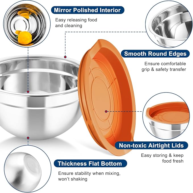 TeamFar Mixing Bowls with Lids, 5PCS Stainless Steel Metal Salad Bowl | with lids & 3 Grater Attachments, for Cooking/Prepping/Serving, Airtight Lids & Easy Clean - 0.7/1/1.5/2.6/4.6QT, Multi-Color