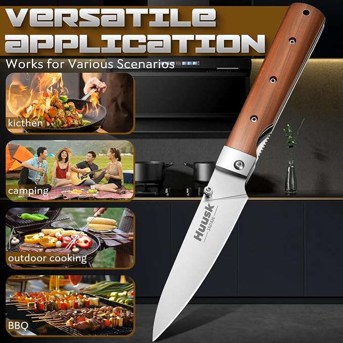 Huusk Folding Chef Knife Set-4Pc with Bag- EDC Kitchen Knife Set | Including Nakiri, Santoku, Bread and Fruit Knives, 440C Stainless Steel , Ultra Sharp Blade, Gift Box
