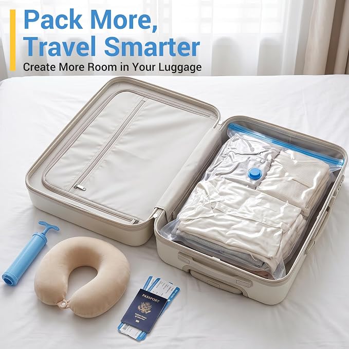 80% Space Saver Vacuum Storage Bags with Hand Pump, 10 Small | Plastic Packaging Bags, Vacuum Seal Bags for Clothing, Travel Lugggage, Blankets, Comforters